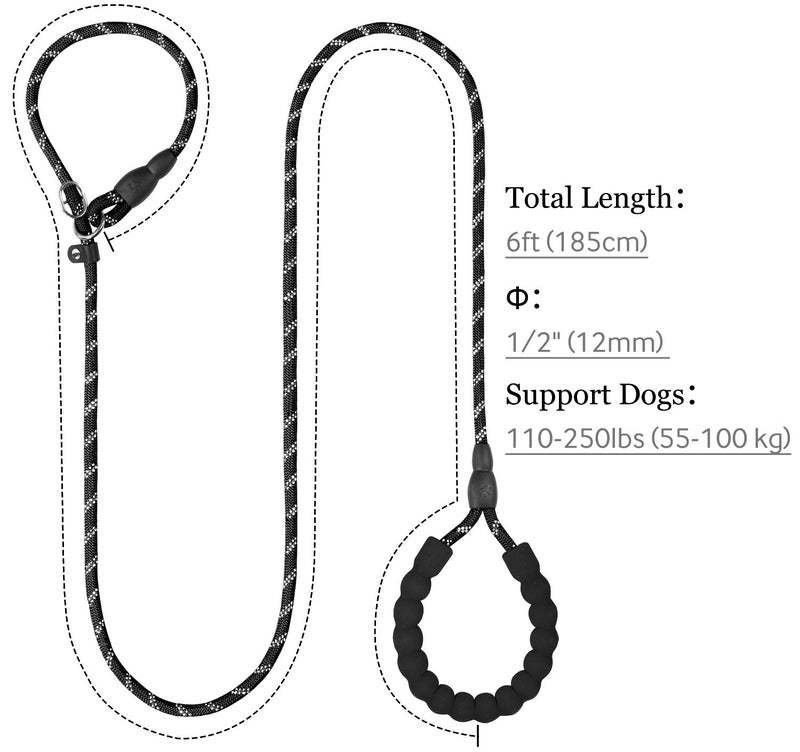 TagME Slip Leads for Dogs, 6 FT Heavy Duty Slip Leash with Padded Handle, Strong Rope No Pull Pet Training Leash for Large Dogs,Black - Image 2
